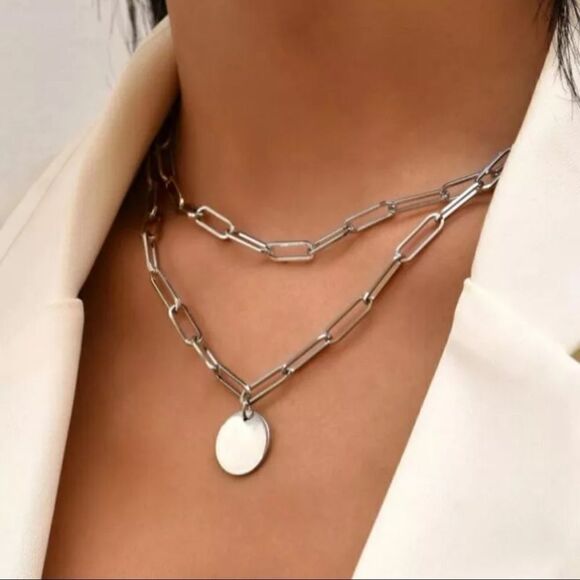 Paperclip Chain Link Coin Pendant Silver Necklace - Picture 1 of 3